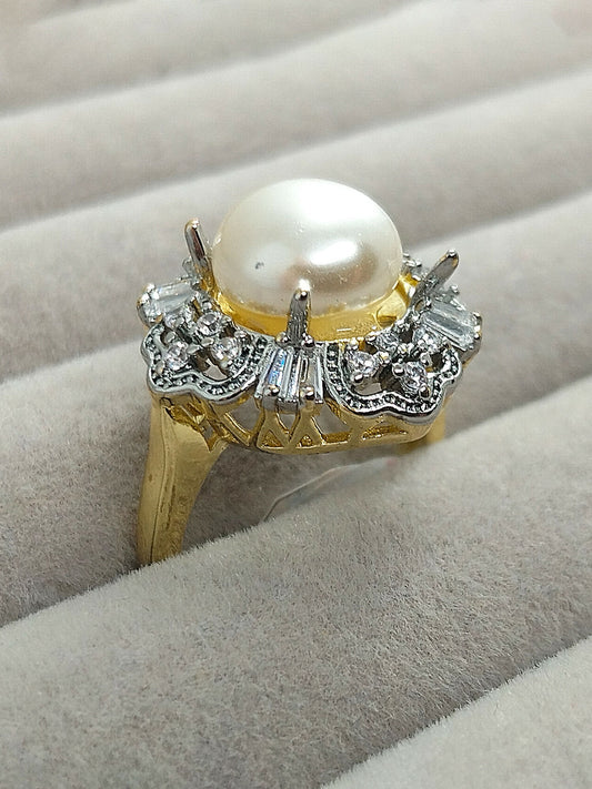 H&A Jewellery 18K gold polished pearl ring with real zircon diamonds, luxury gold ring for women, elegant pearl and diamond ring