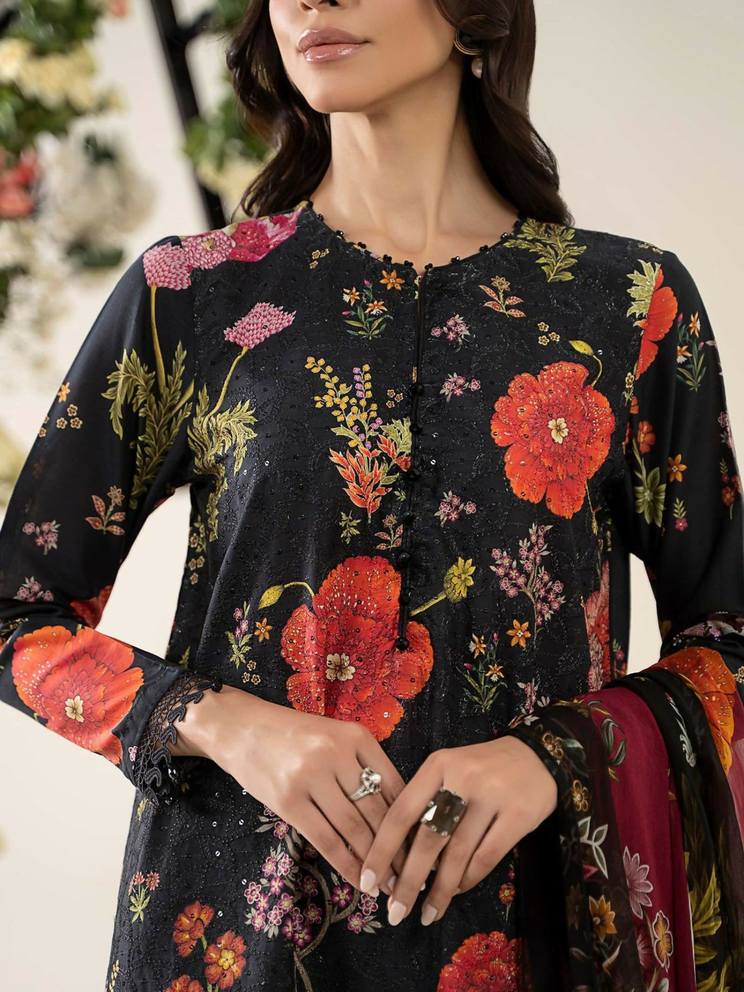 Maria.B printed embroidered lawn shirt with dyed cambric trousers and printed chiffon dupatta.
