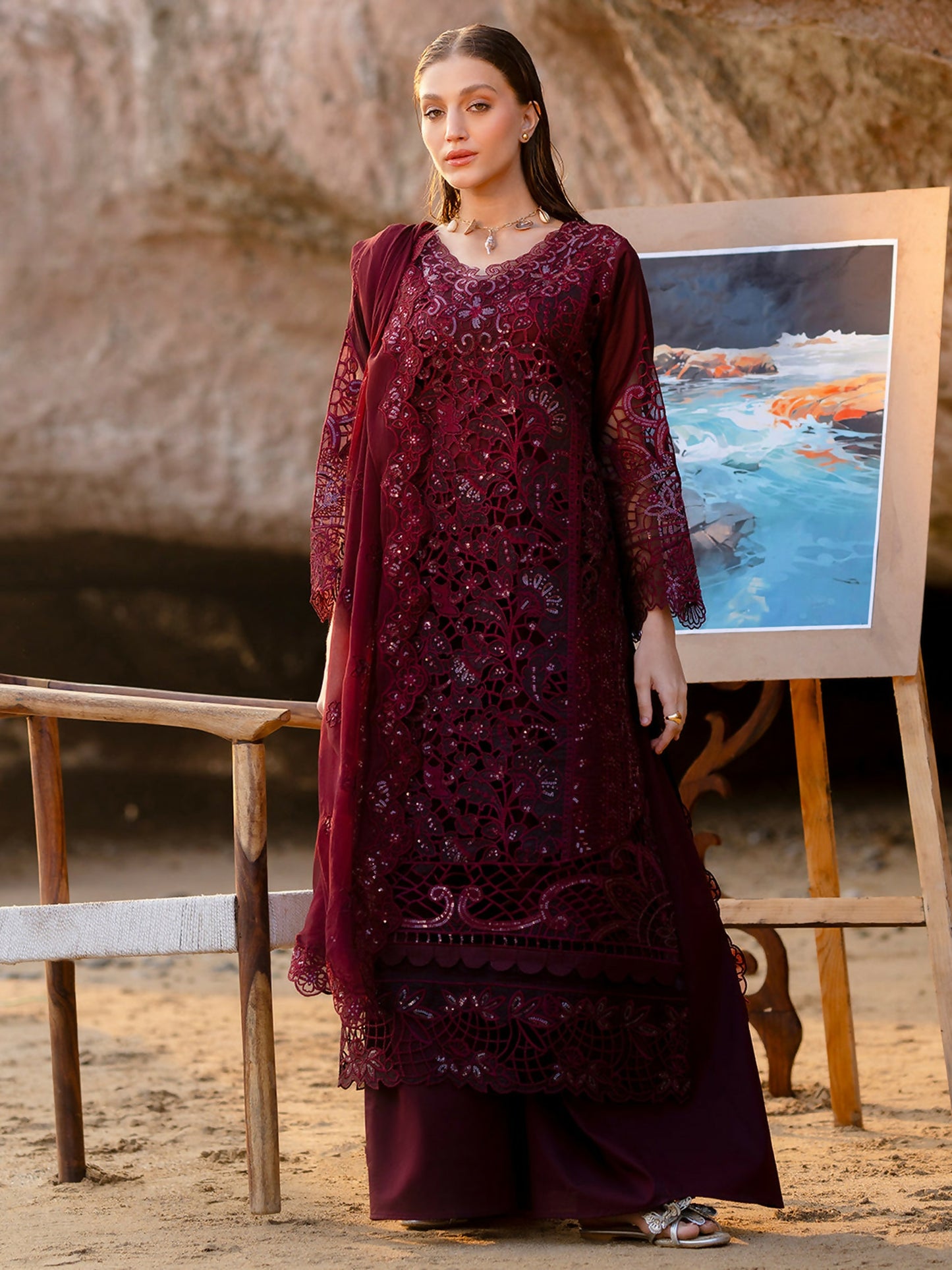 Unstitched 3-piece lawn suit from Mahnur Sirene collection with embroidered shirt, chiffon dupatta, dyed trouser, and lining fabric.