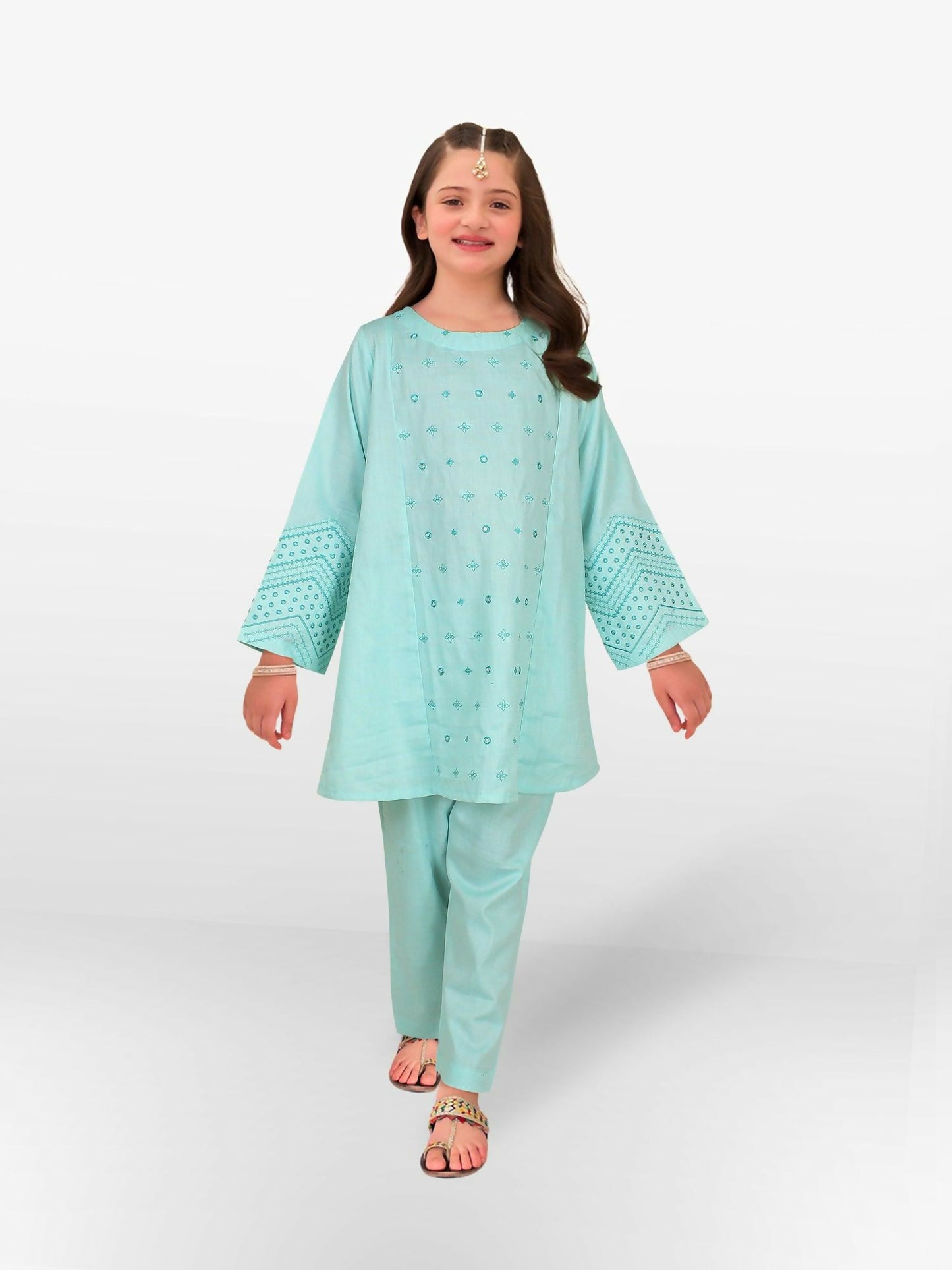 Aqua Blue Velvour Girls Embroidered Stitched 2-Piece Suit-VG102-A