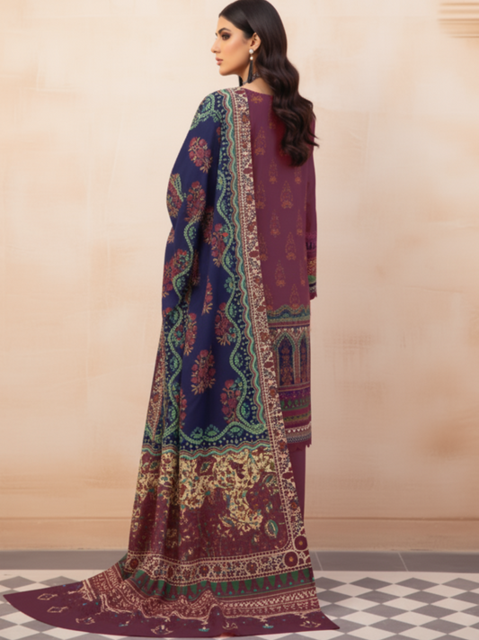 Mausummery Khaddar Printed Unstitched 3-Piece Suit-Garnet