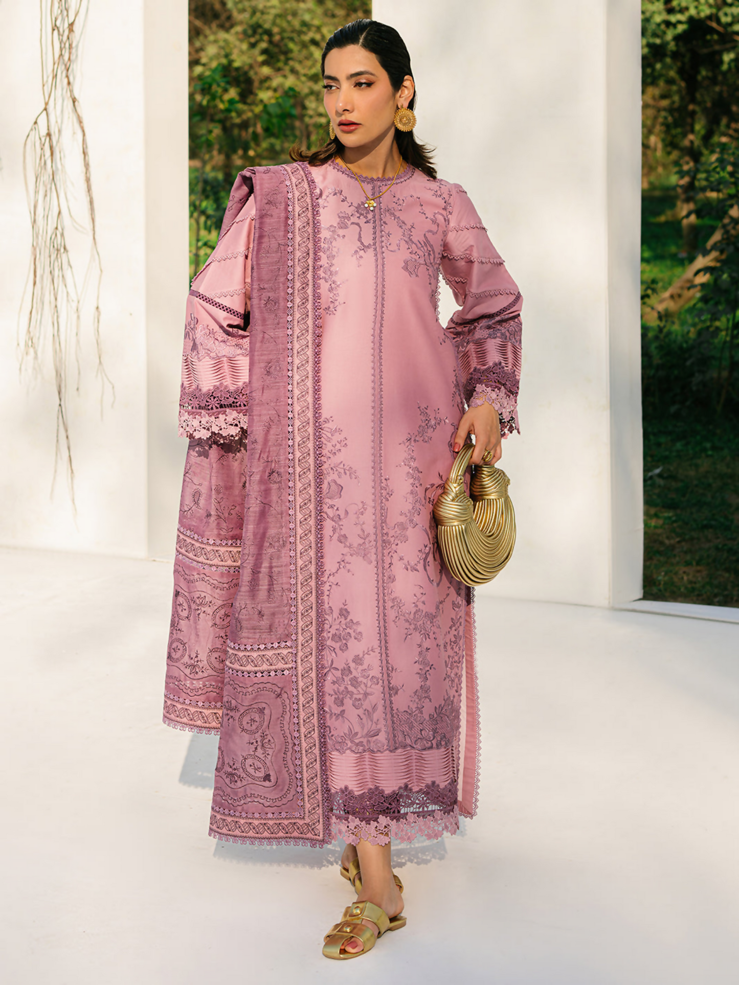 Elegant embroidered lawn suit with cotton trouser and lace-detailed dupatta in soft summer tones