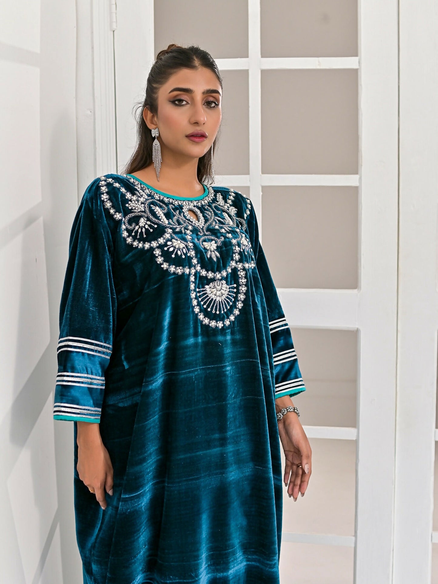 Farooq Hameed Studio Velvet Embroidered Kaftan Set-Zoi