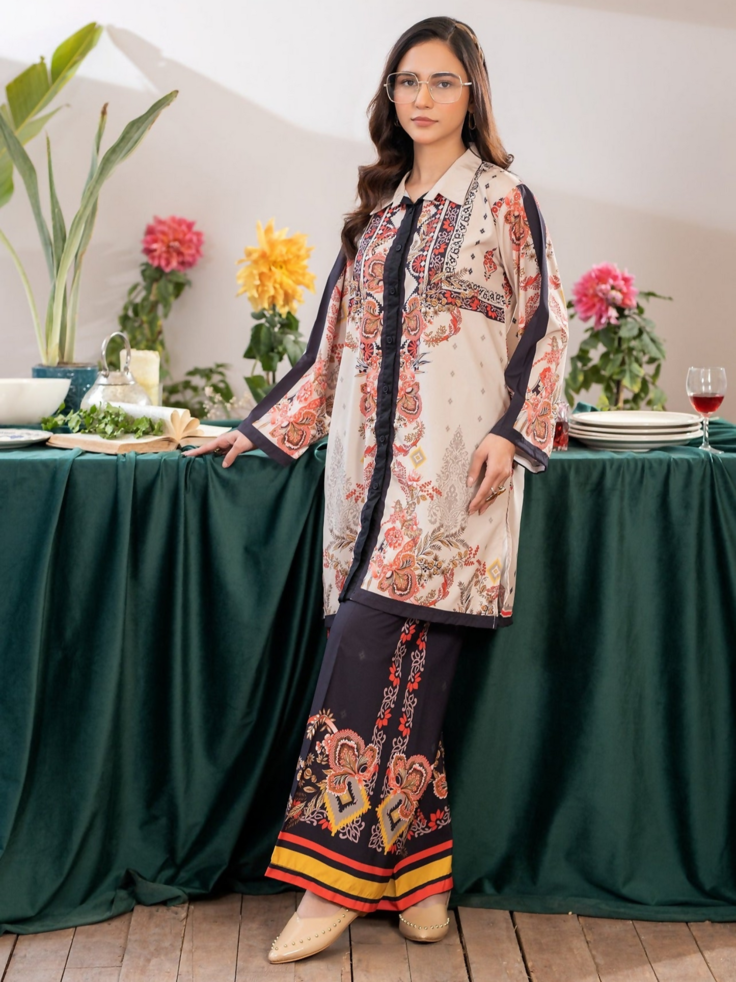 Panache Apparel Crepe De Luxe Crepe Printed Co-Ord Set-Silken