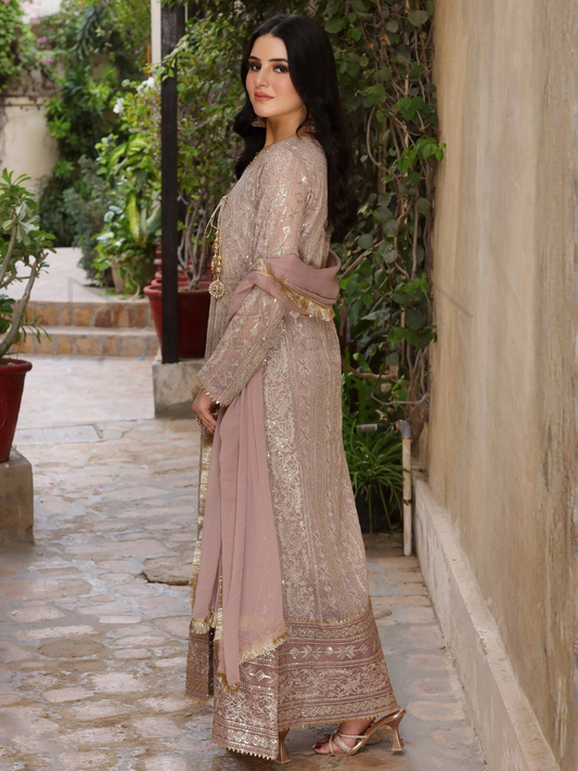 Lilac Manahil Arts Chiffon Embroidered Stitched 3-Piece Suit-Kurti 122-Divine-Lilac