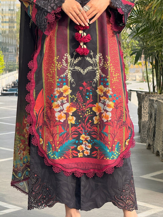 Black and Crimson Sehrish Kanwal Festive Print'26 Lawn Embroidered Stitched 3-Piece Suit-Eshal