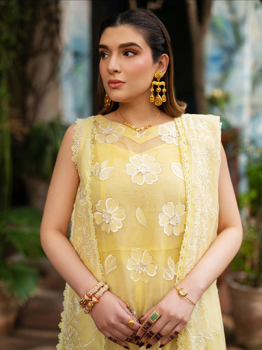 Yellow Mahnur Satrangi Lawn'26 Embroidered Stitched 3-Piece Suit-ST-11