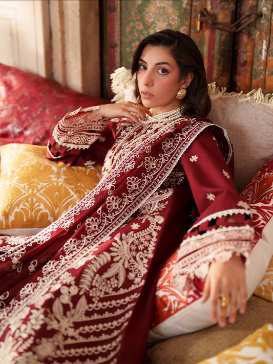 Maroon Mahnur Nilofer Luxury Lawn'26 Embroidered Stitched 3-Piece Suit-NL-08