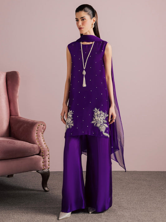 Purple Allure By IH Full Circle Tussel Silk Embellished Stitched 3-Piece Suit-Luxe