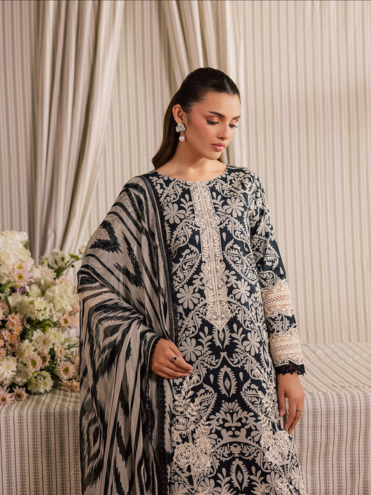 Black and Ivory Mahnur Jahaan Lawn'26 Embroidered Unstitched 3-Piece Suit-MJ-09