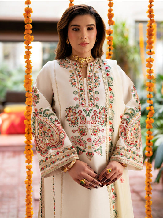 Mahnur Satrangi Lawn'26 Embroidered Unstitched 3-Piece Suit-ST-07 Ivory
