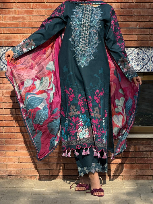 Zinc and Magenta Sehrish Kanwal Festive Print'26 Lawn Embroidered Stitched 3-Piece Suit-Selena