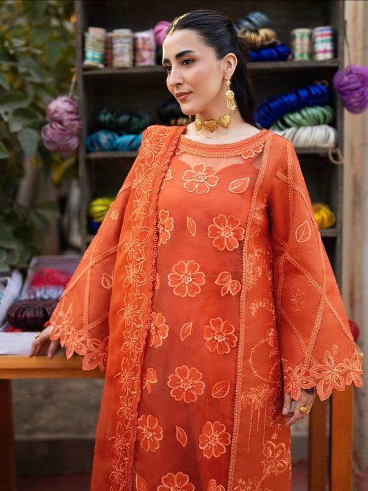 Orange Mahnur Satrangi Lawn'26 Embroidered Stitched 3-Piece Suit-ST-09
