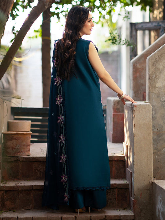 Blue Mahnur Satrangi Lawn'26 Embroidered Stitched 3-Piece Suit-ST-03