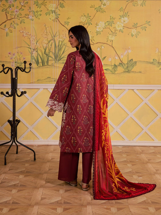Maroon Mahnur Afsana Lawn'26 Embroidered Stitched 3-Piece Suit-AL-09