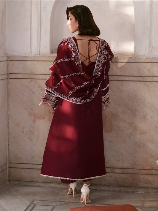Maroon Mahnur Nilofer Luxury Lawn'26 Embroidered Unstitched 3-Piece Suit-NL-08