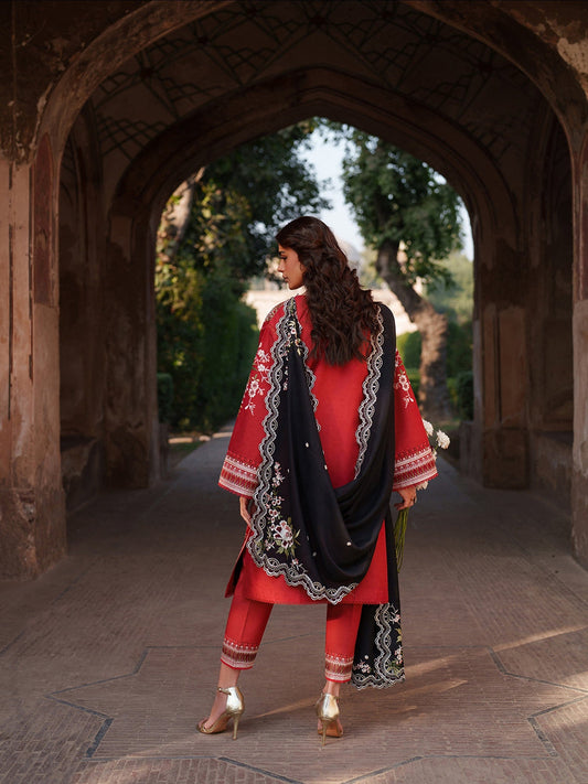 Red Binilyas Suroor Unstitched Lawn'26 Embroidered 3-Piece Suit-241-B