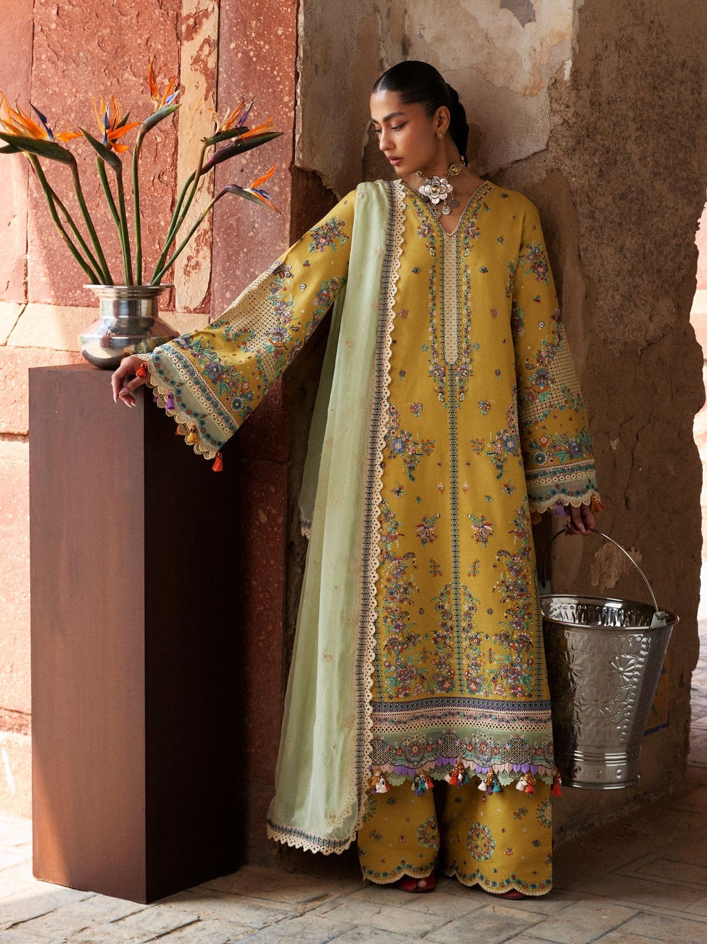 Yellow Hussain Rehar Zan SS'26 Lawn Embroidered Unstitched 3-Piece Suit-Sari