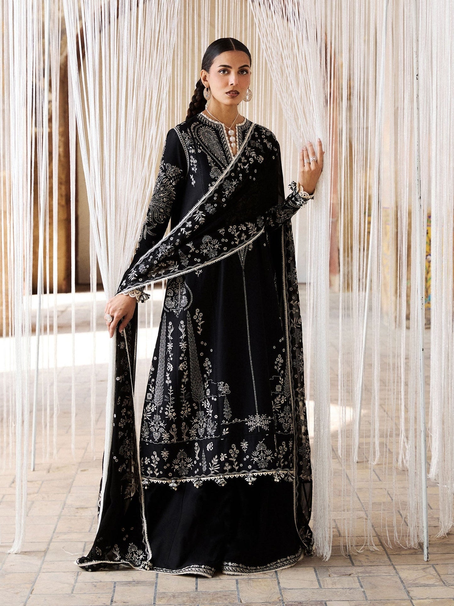 Black Hussain Rehar Zan SS'26 Lawn Embroidered Unstitched 3-Piece Suit-Meshki