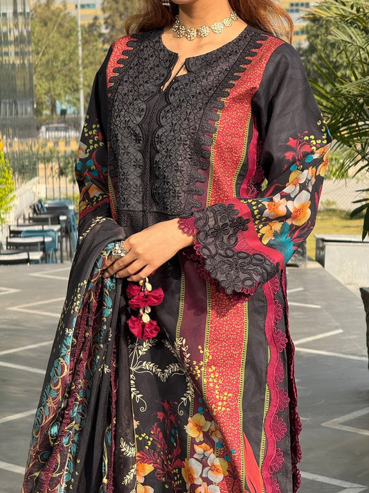Black Sehrish Kanwal Festive Print'26 Lawn Embroidered Stitched 3-Piece Suit-Eshal