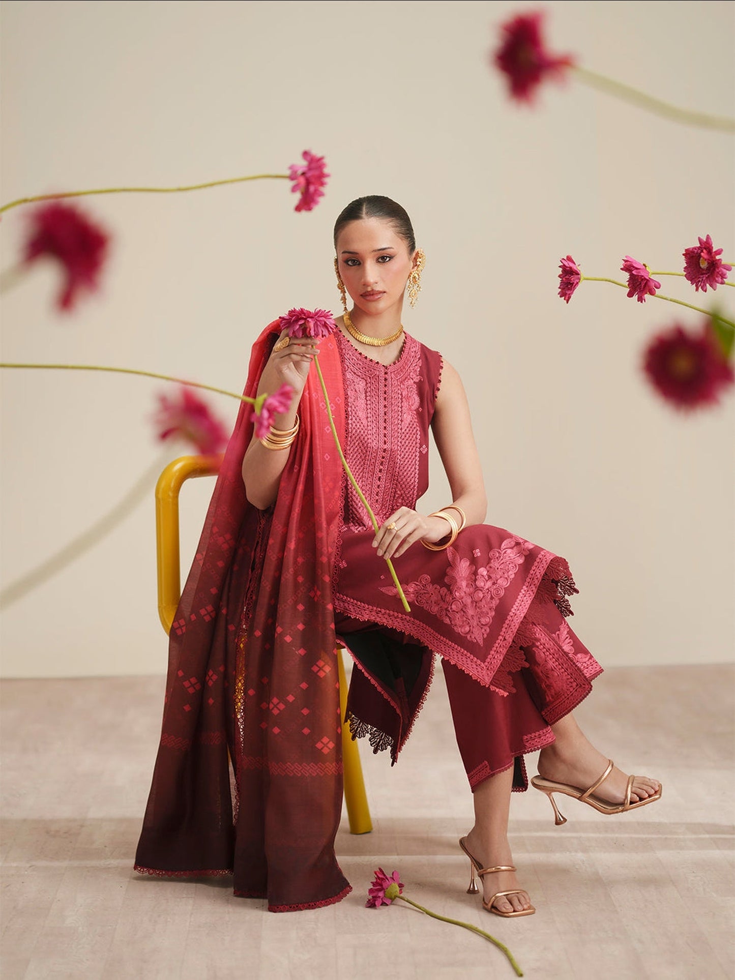 Maroon Binilyas Jojo Summer'26 Lawn Embroidered Unstitched 3-Piece Suit-763