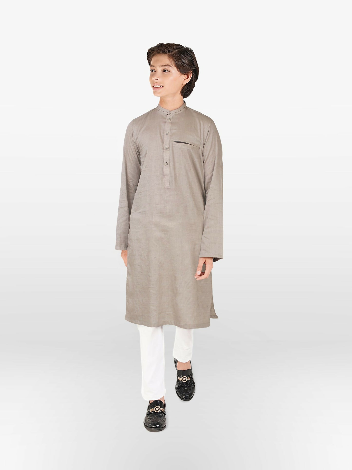 Embroidered cotton stitched kurta for boys with mandarin collar, front buttons, pocket, full sleeves, and regular fit – traditional ethnic wear