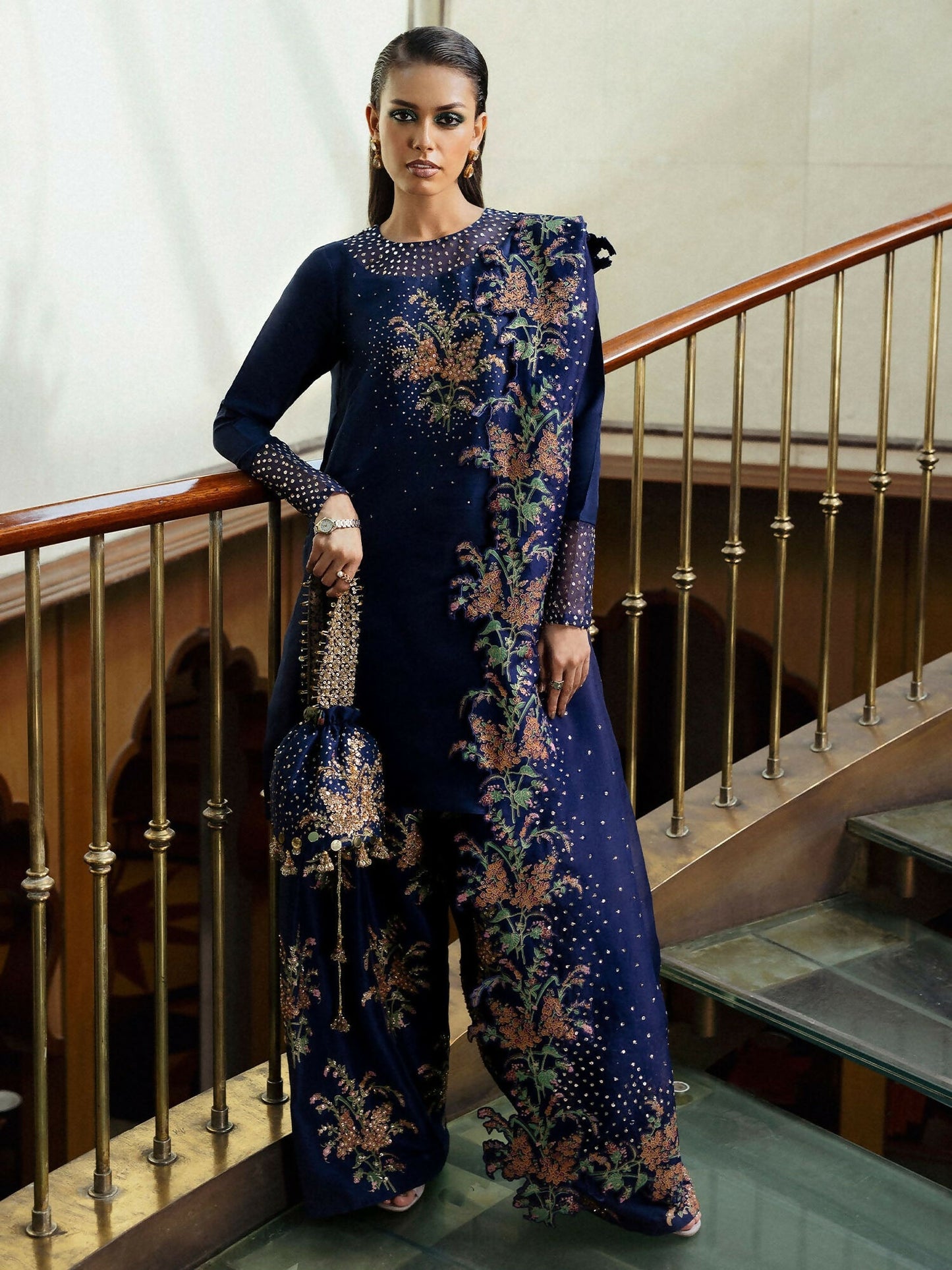 Navy Blue Hussain Rehar BASIC NOT BASIC V Raw Silk Embroidered Stitched 3-Peice Suit-Nocturne
