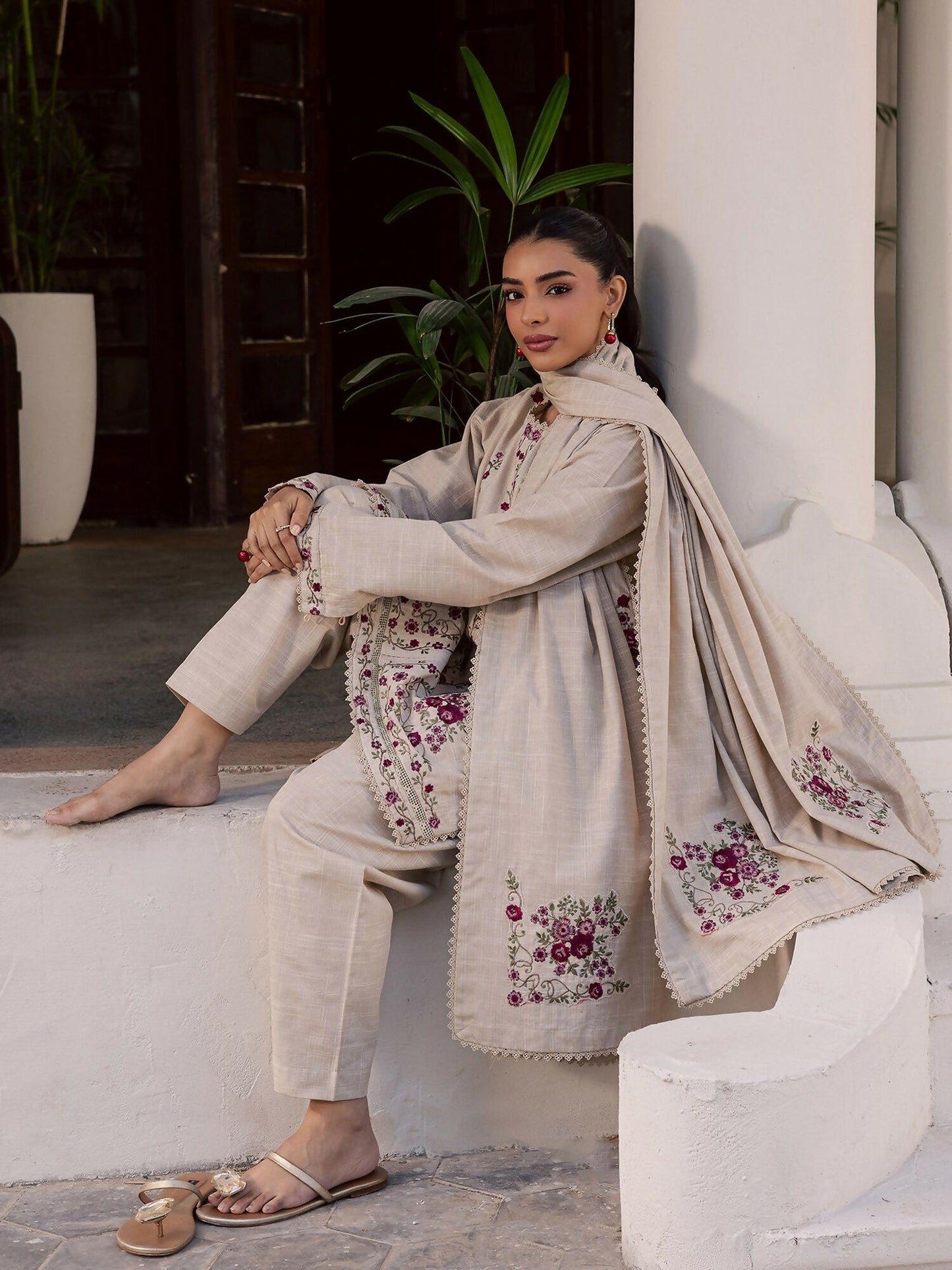 Mannat Clothing Laila Winter Pret '25 Karandi Embroidered Stitched Suit-Pine