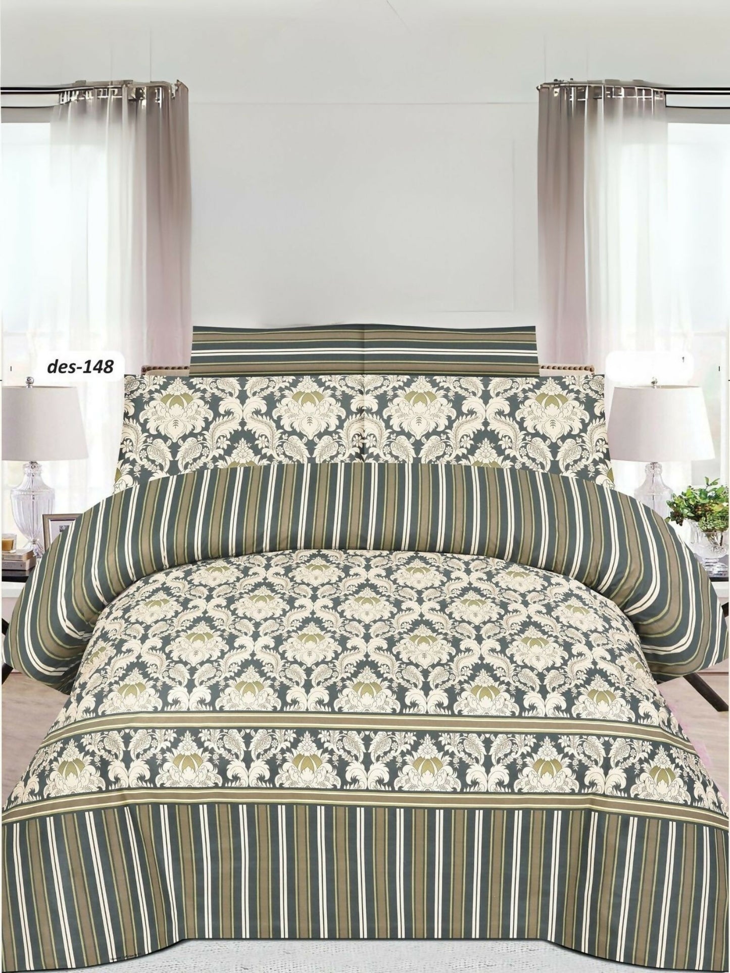 Green king-size bedsheet with white printed design and two matching pillow covers in poly cotton