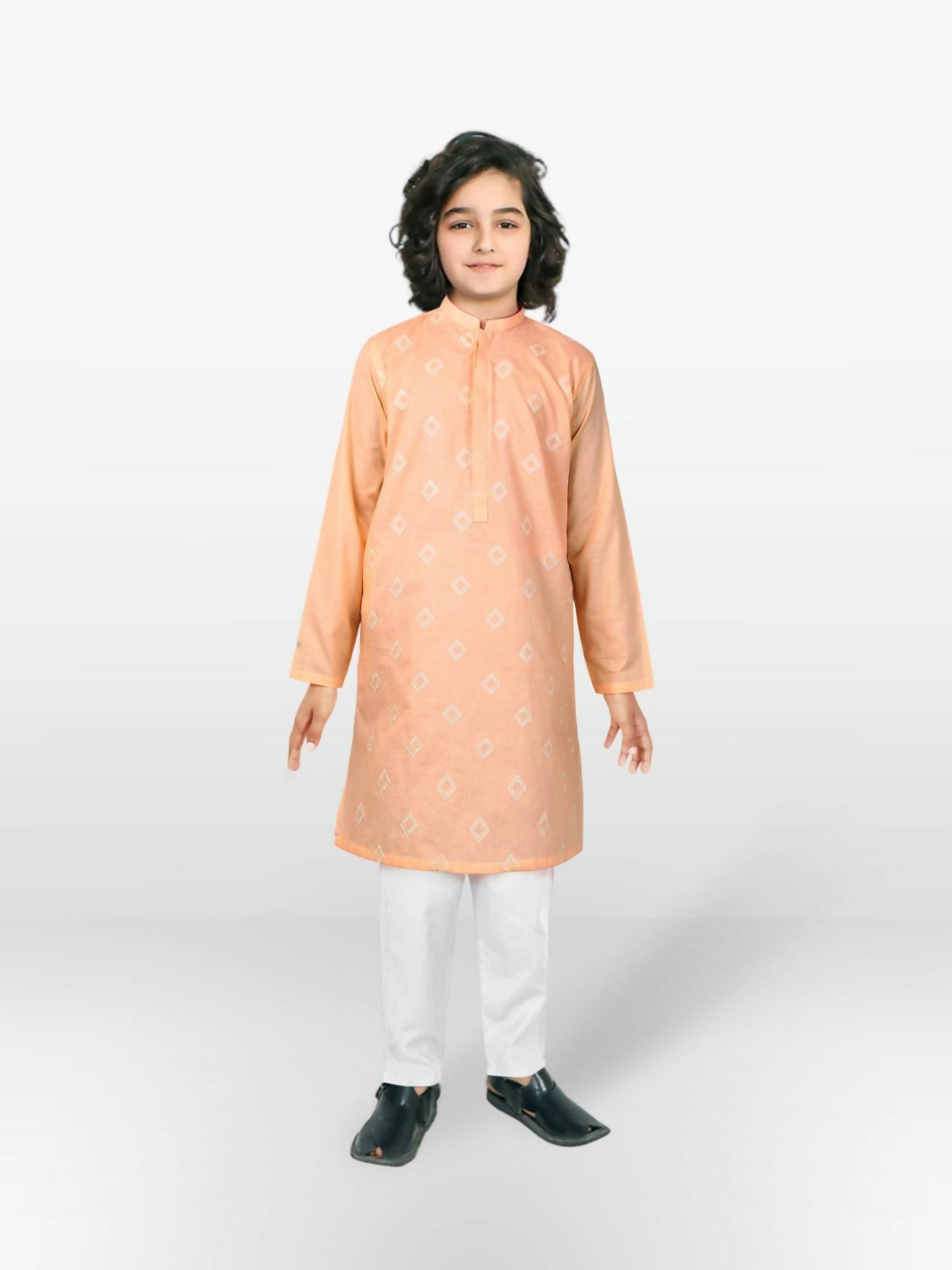 Boy wearing embroidered cotton kurta with mandarin collar, full sleeves, and regular fit, ideal for festive or cultural occasions