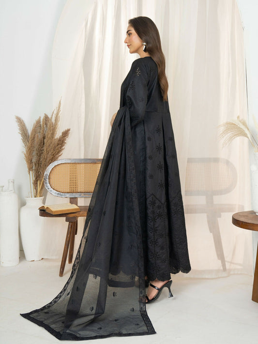 Panache Apparel Monochrome Tales Cambric Katan Embroidered Stitched 3-Piece Suit-Eclipse Bloom