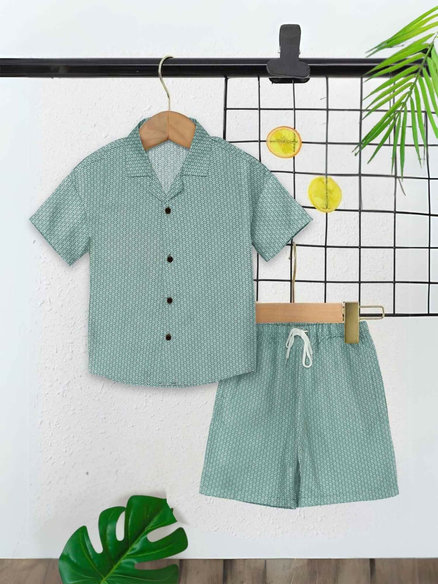 Light Green Velvour Boys & Girls Printed Co-ord Set-VC02