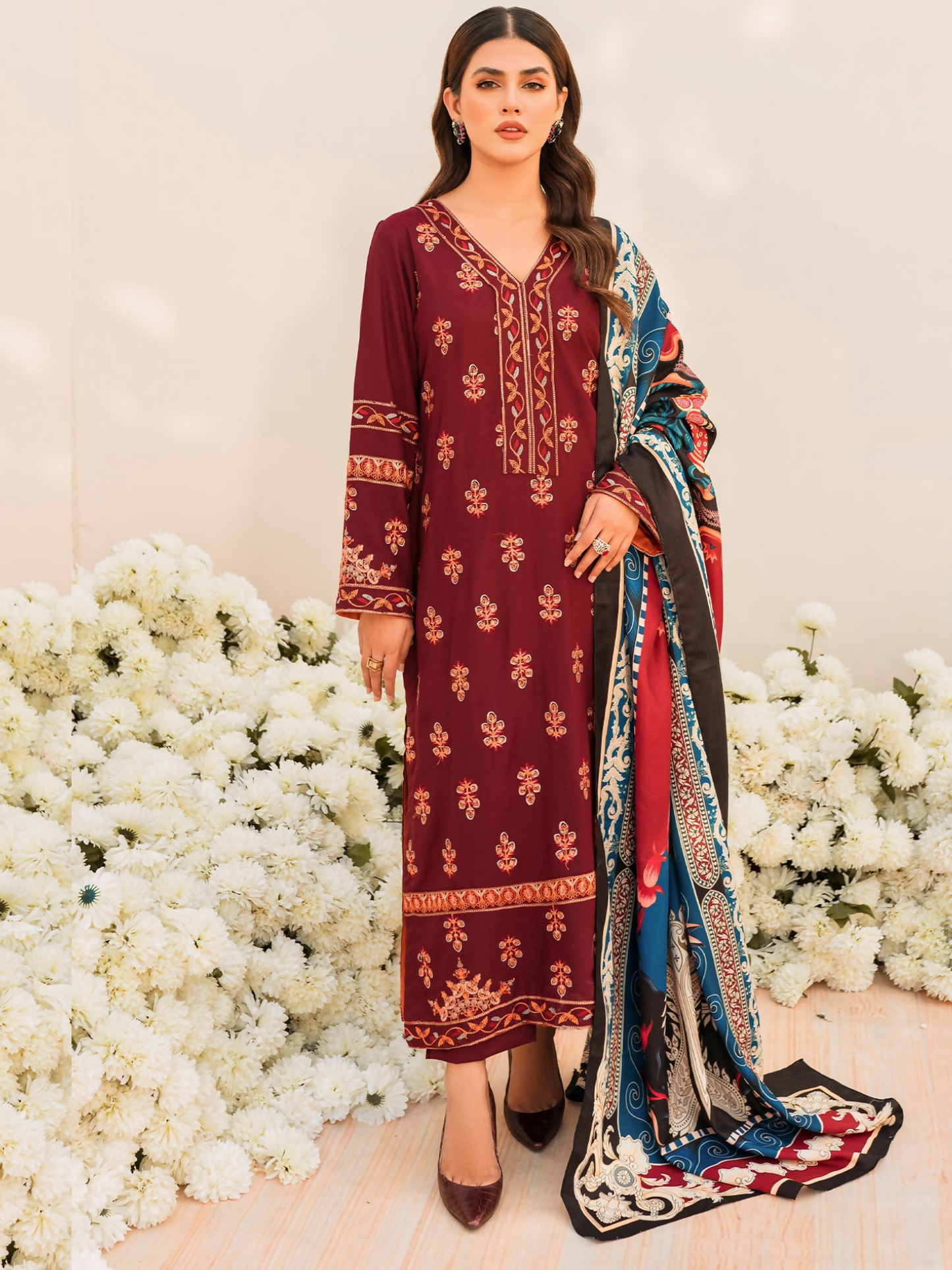 Panache Apparel Linen Embroidered Stitched Suit-Fluer