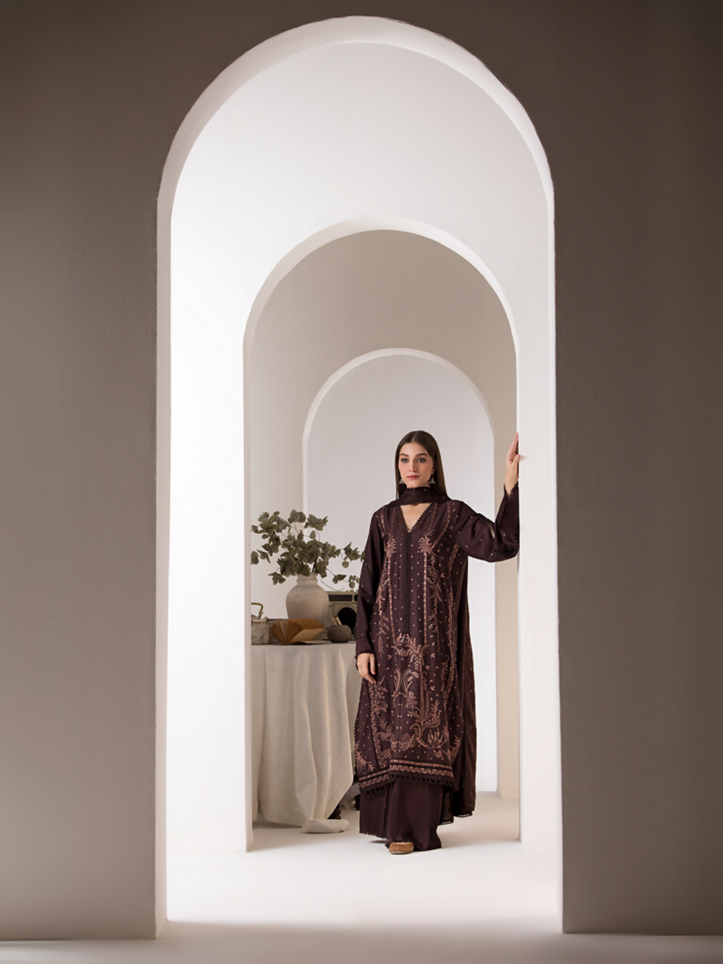 Unstitched 3-piece suit by Sobia Nazir with embroidered marina herringbone shirt, dyed trouser, and embroidered marina twill shawl.