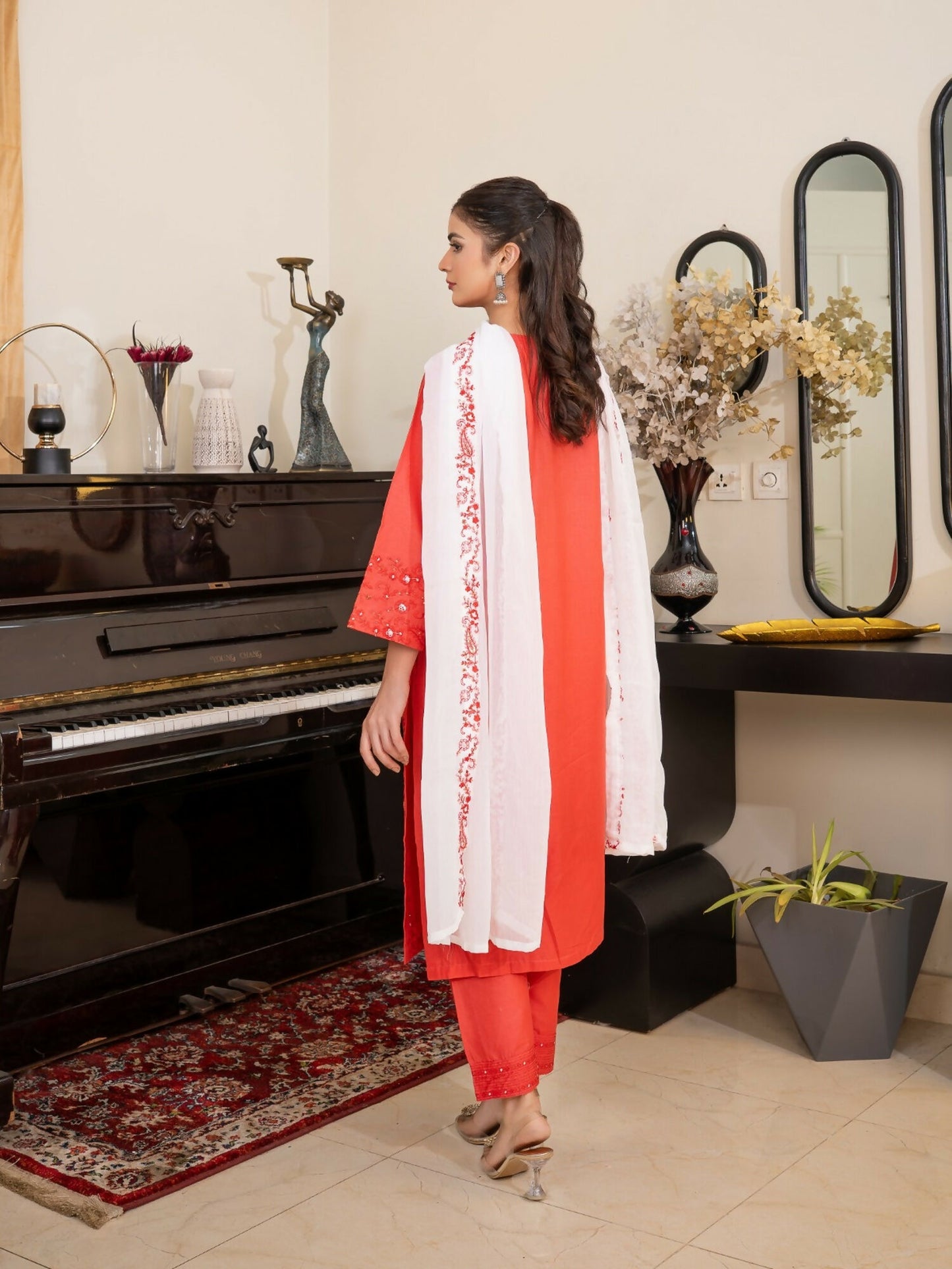Tehzeeb Libas Cotton Lawn Embroidered Stitched 3-Piece Suit-FLAME AURA