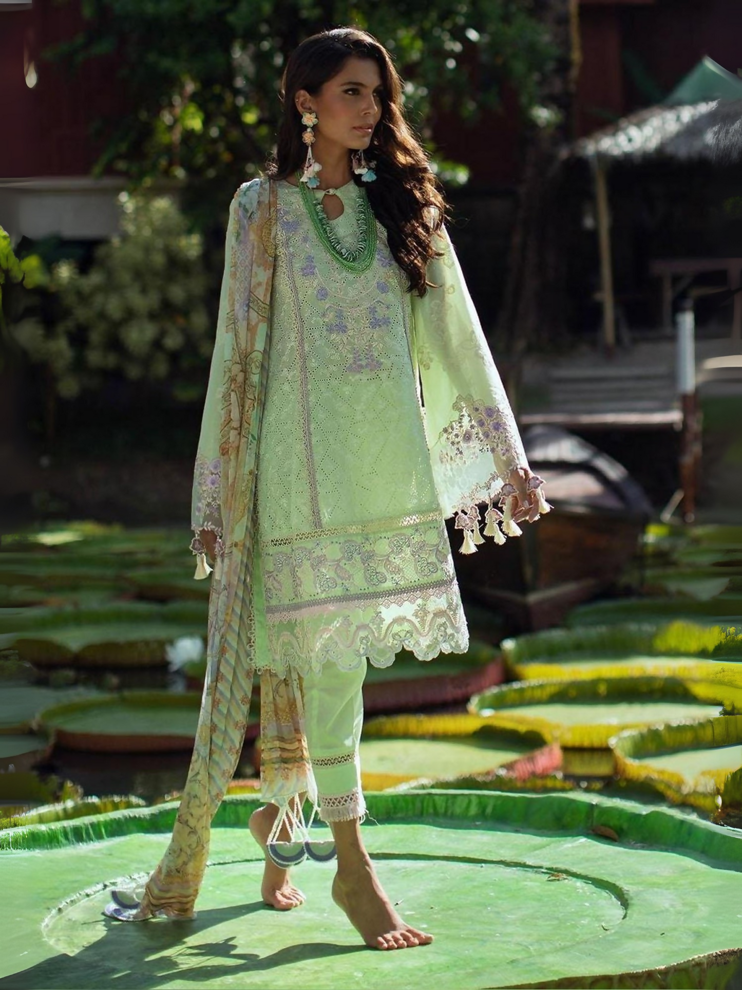 Mint green schiffli embroidered lawn unstitched 3-piece suit with digitally printed chiffon dupatta by Ansab Jahangir.