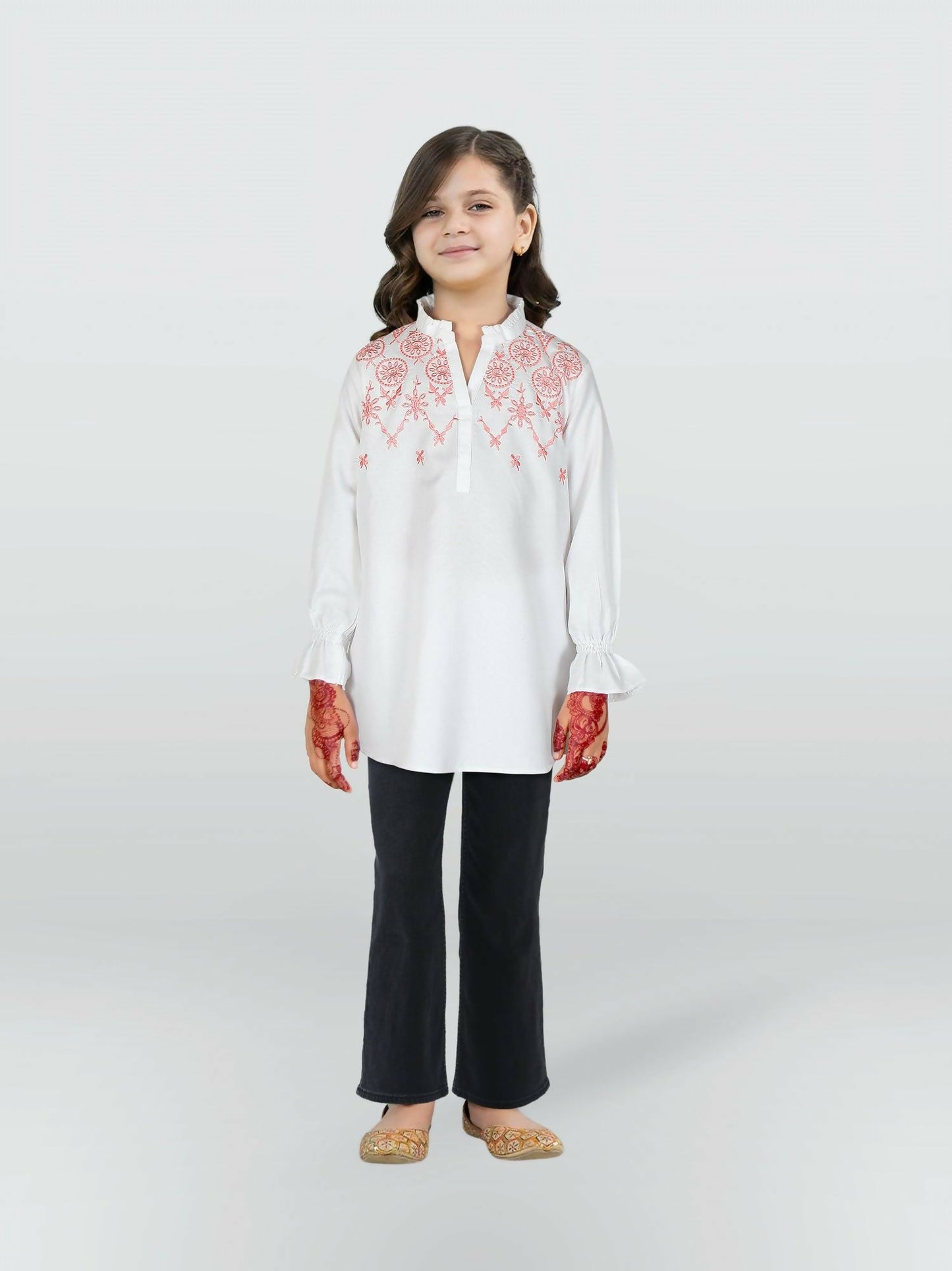 White and Pink Velvour Girls Embroidered Stitched Tunic-VG118-A