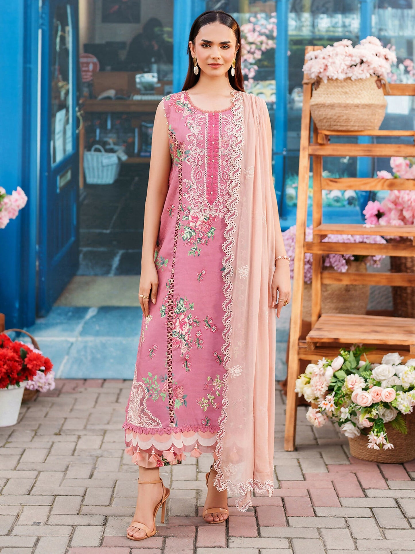 Parishay Ivy Bloom Winter unstitched 3-piece suit with embroidered neckline, front patch, sleeve lace, chiffon dupatta, and viscose trouser.