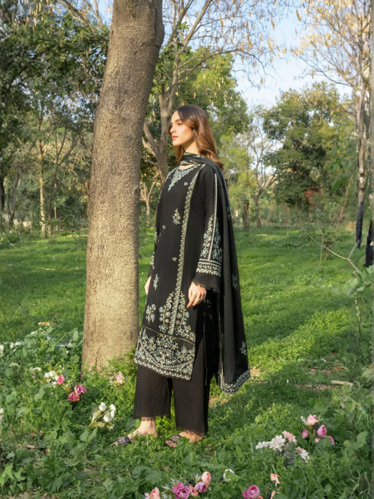 Panache Apparel Serenity Collection Linen Embroidered Stitched 3-Piece Suit-Black Dew