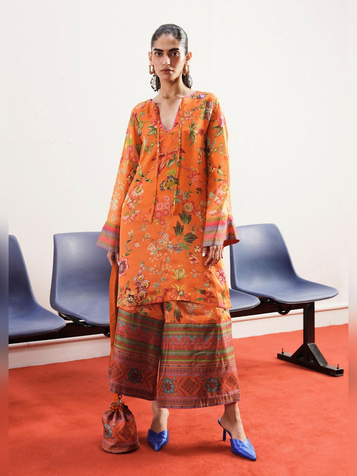 Orange Hussain Rehar Pay Day Volume - ||| Raw Silk Printed Stitched 2-Peice-Fiere