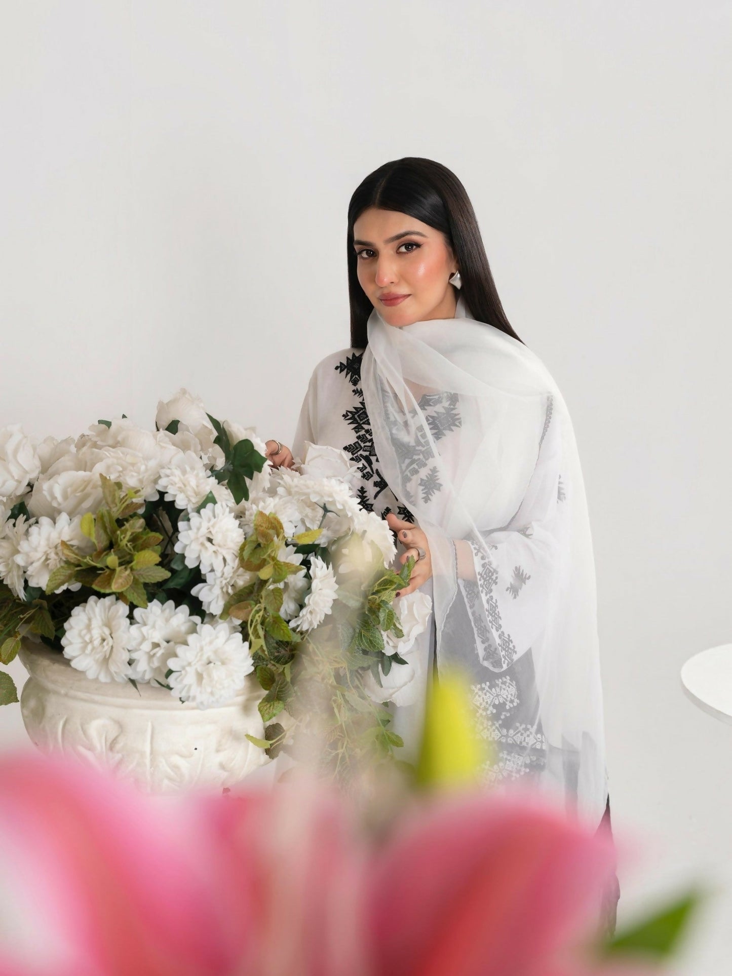 Stylish Collection Saya Pret Cotton Embroidered 3-Piece Suit-White Charm