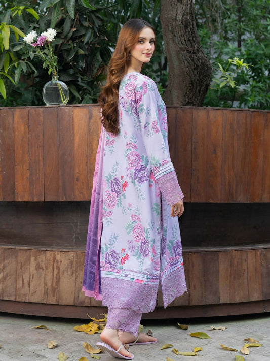 Panache Apparel Raw Silk Embroidered Stitched 3-Piece Suit-Lavender Bloom