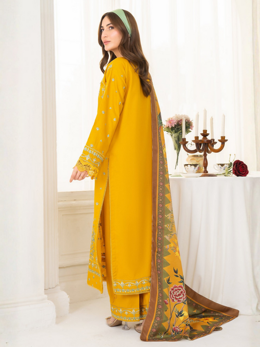 Panache Apparel Winter Basics Khaddar Embroidered Stitched 3-Piece Suit-Golden Hour