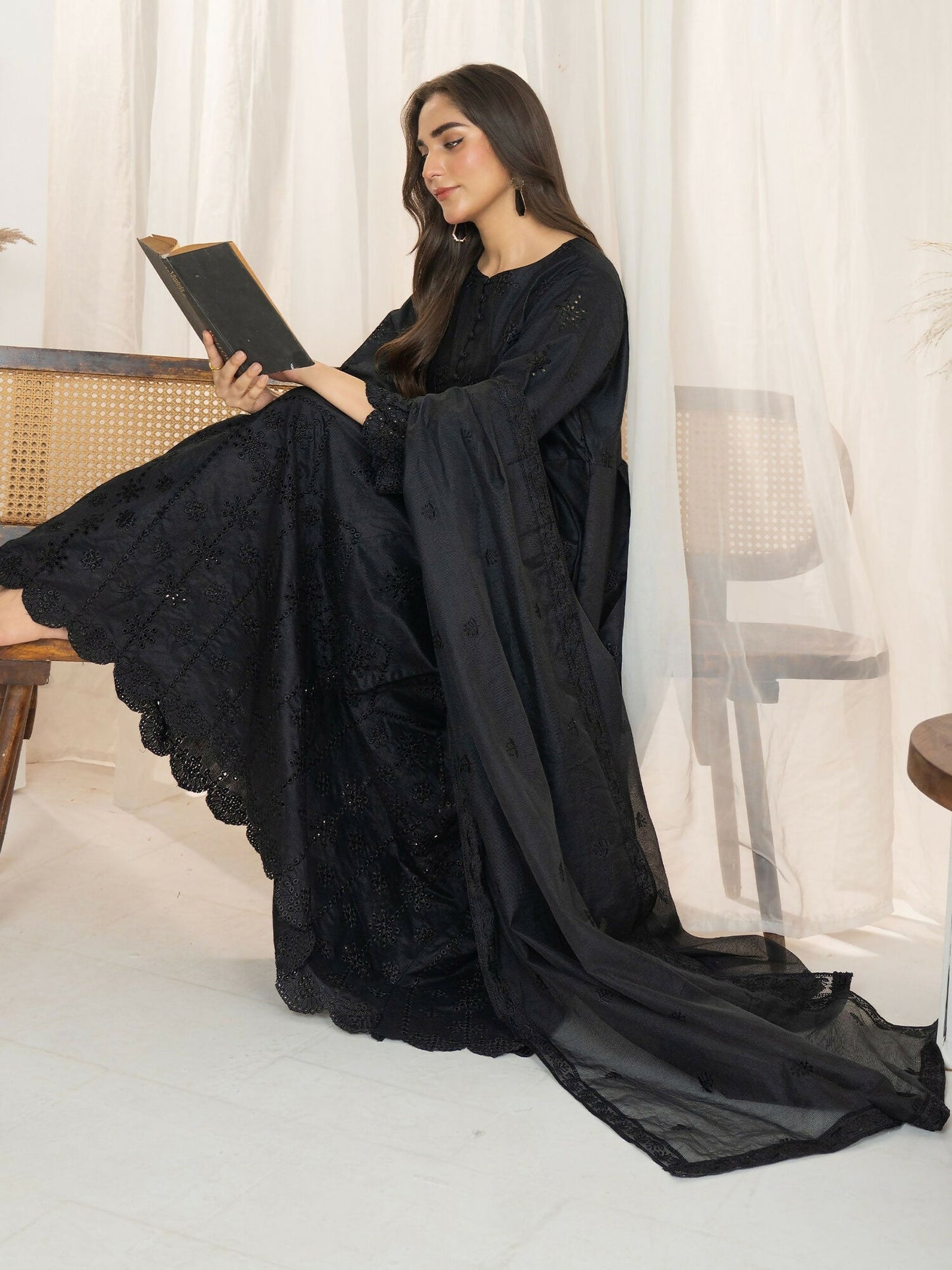 Panache Apparel Monochrome Tales Cambric Katan Embroidered Stitched Suit-Eclipse Bloom