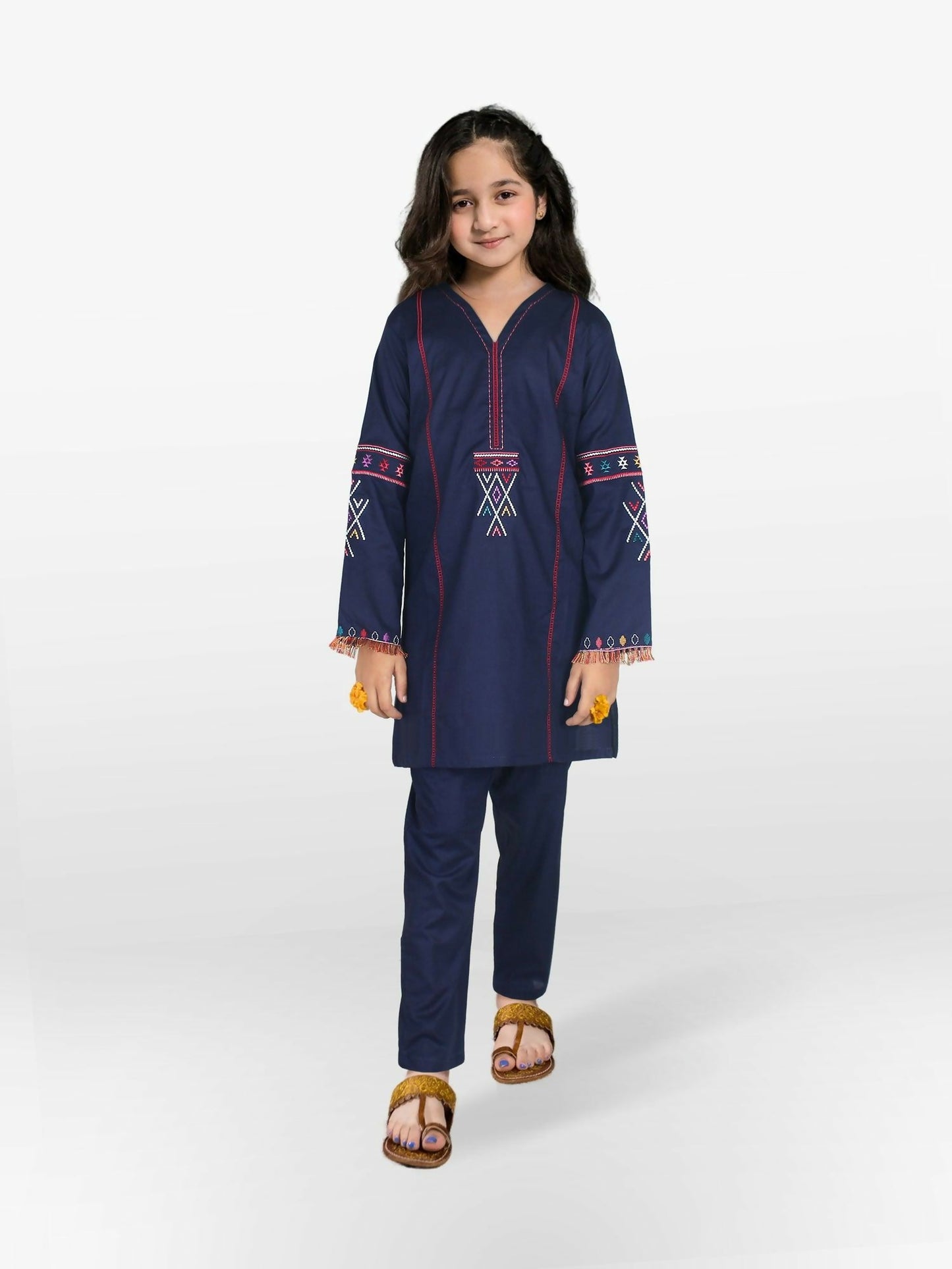 Dark Blue Velvour Girls Embroidred Co-ord Set-VG106-B