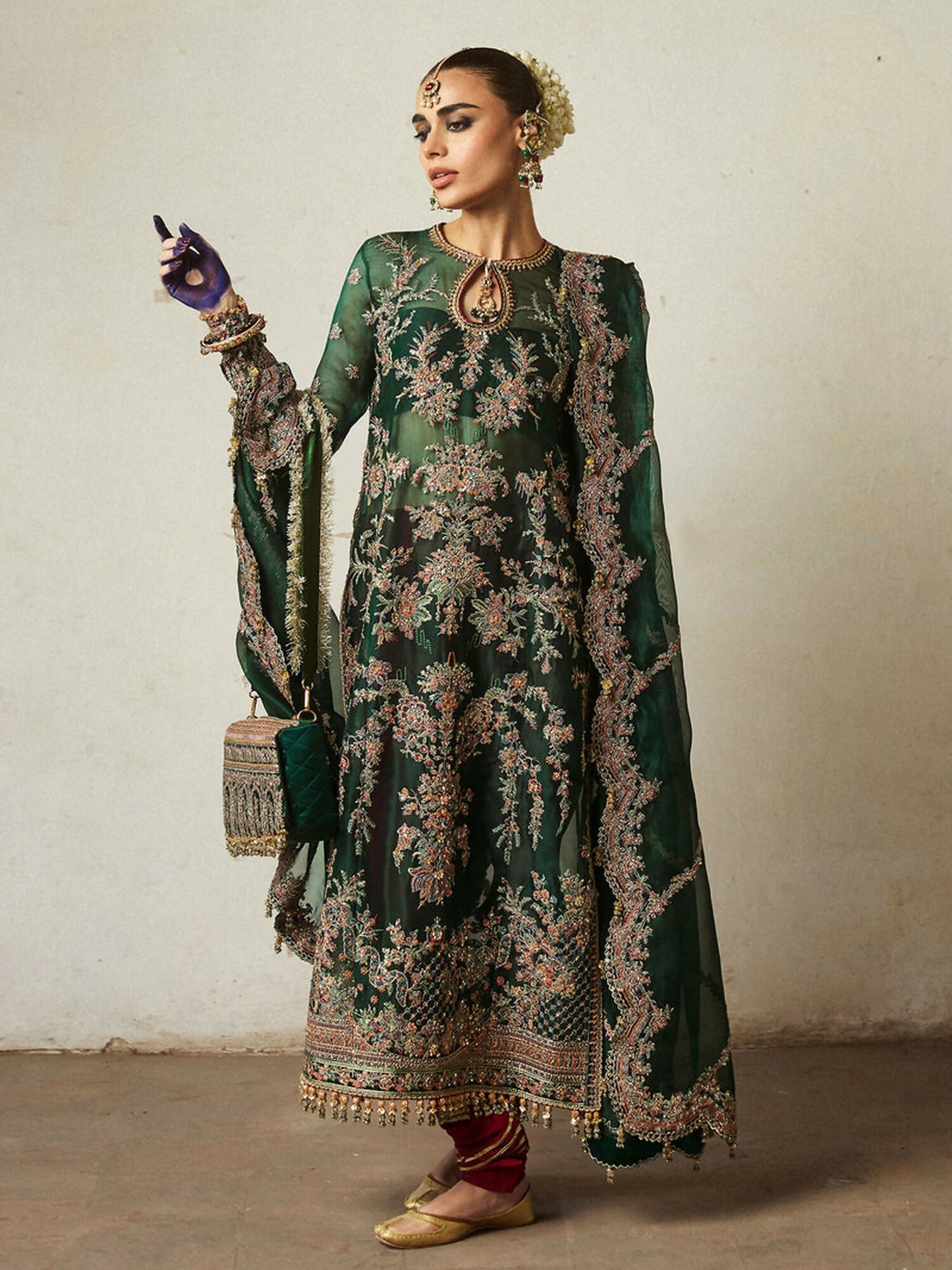 Hussain Rehar unstitched 3-piece suit with embroidered and embellished organza shirt, organza embroidered dupatta, and Korean raw silk churidar trouser, designed for a luxurious formal look.