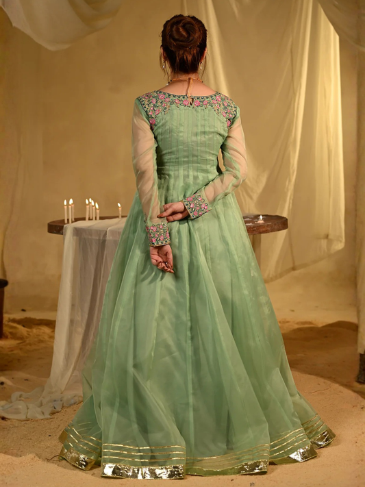 Green Hani & Umaima Organza Embroidered Stitched 2-Piece Suit-Negar