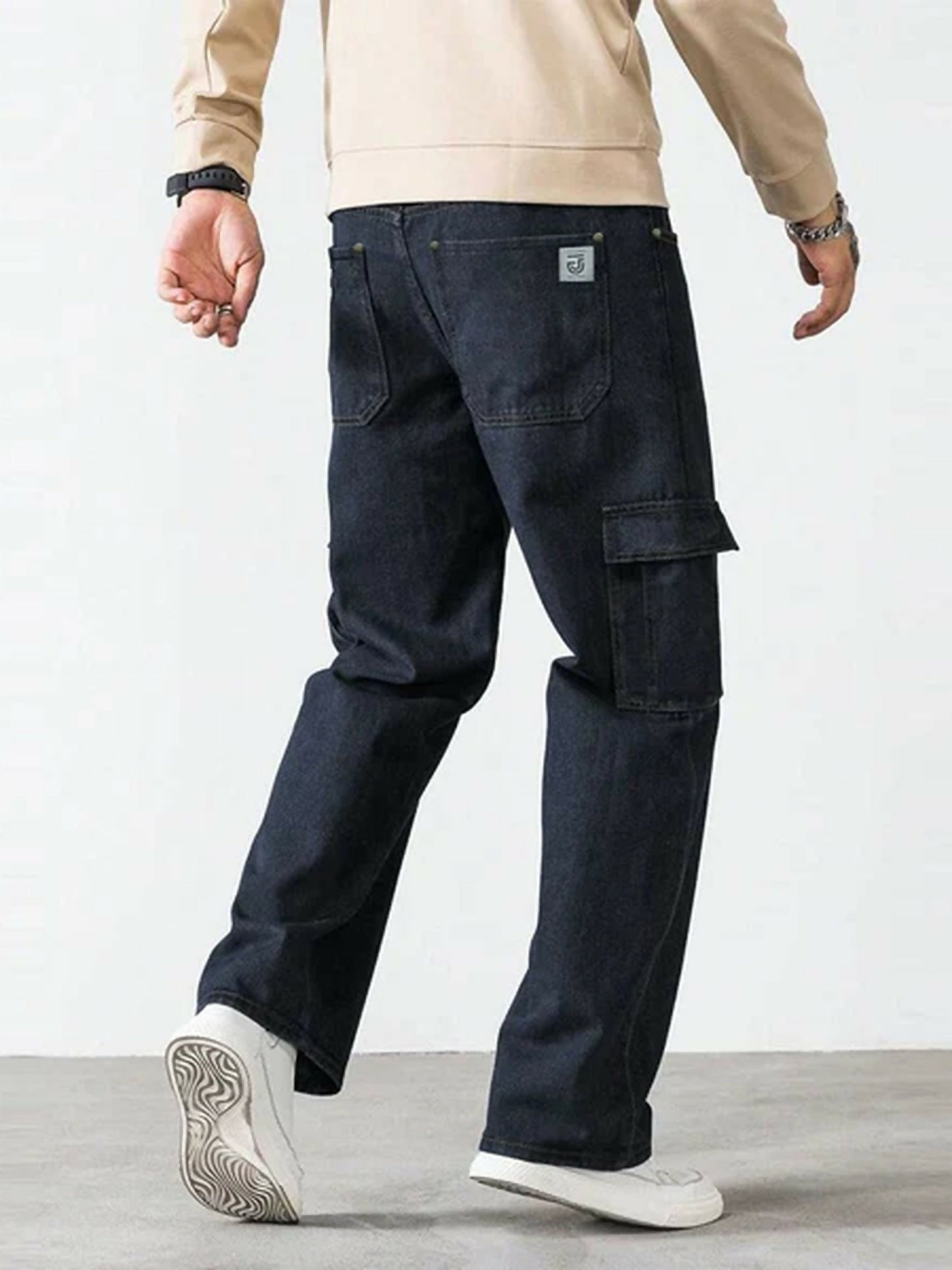 Jupiter Plain Engineered Slub Weave Cargo Pockets Denim Jeans-14492