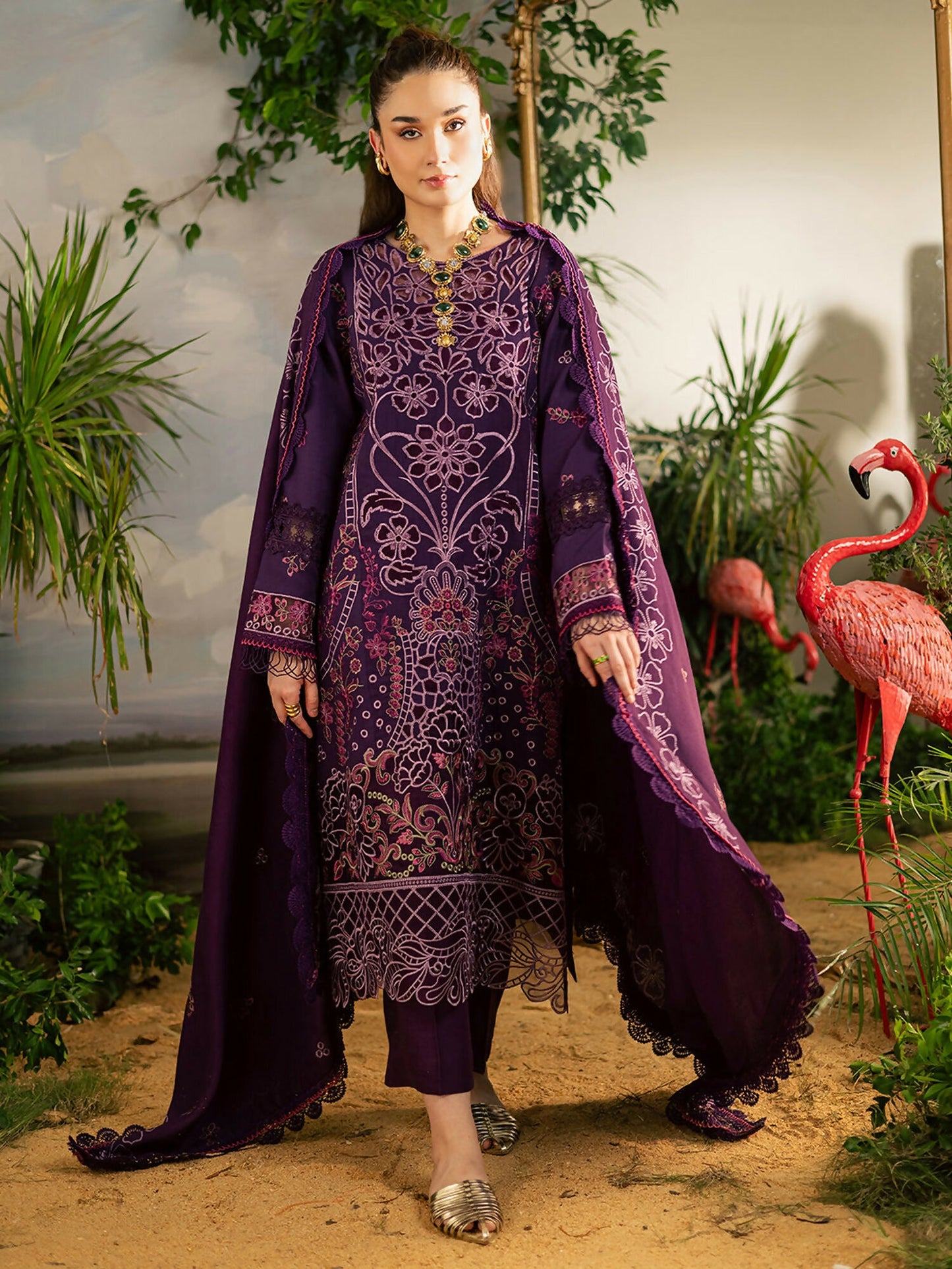 Mahnur Kaia Slub Linen Embroidered Stitched 3-Piece Suit-K- 01