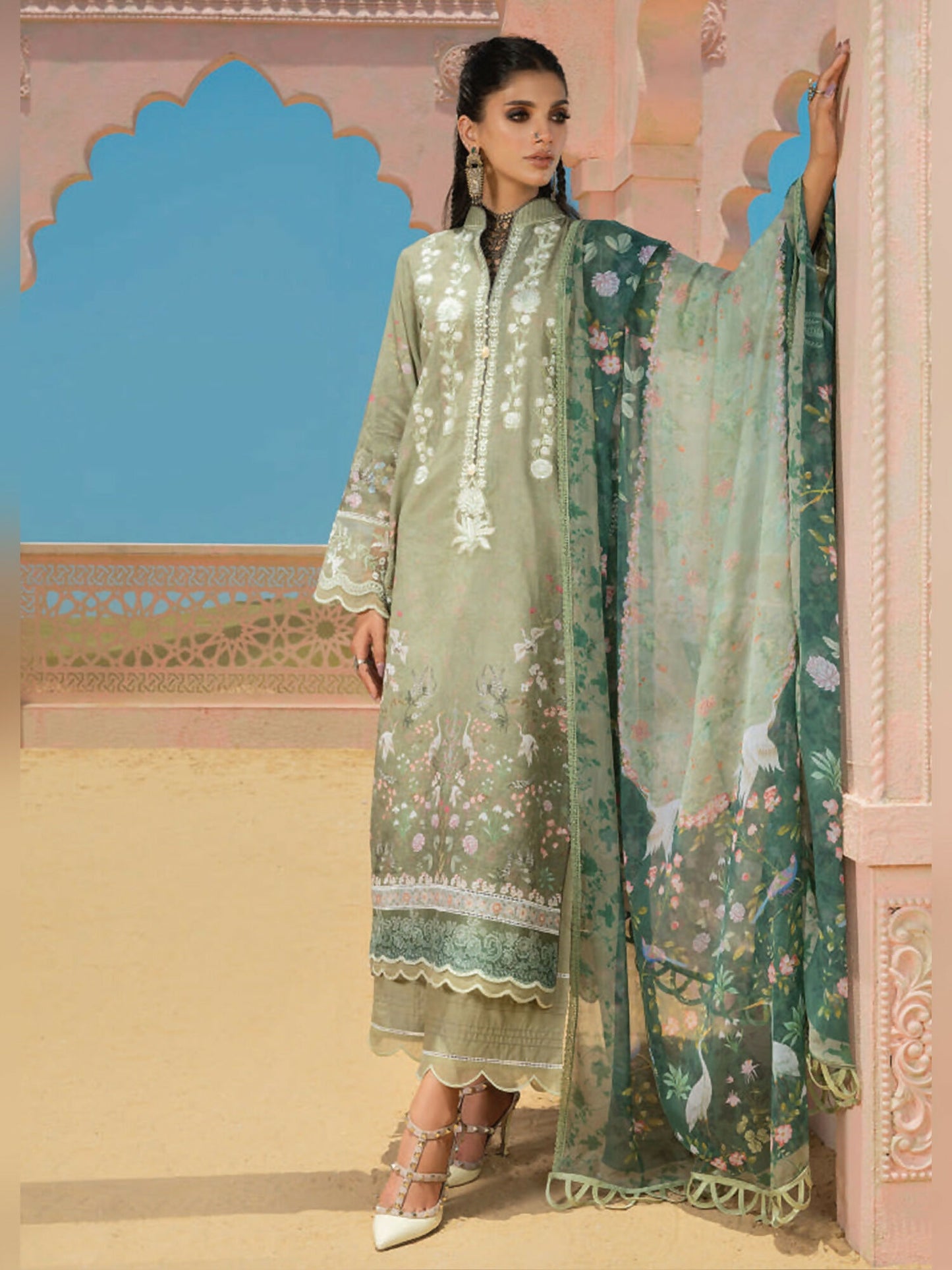 Lime Green Wardha Saleem Summer Collection Lawn Embroidered Unstitched 3-Piece Suit-D-08 Inara
